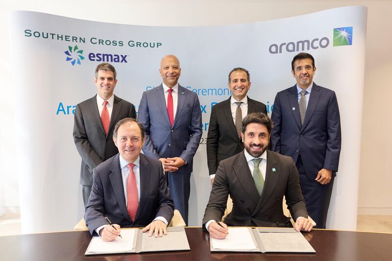 At the signing ceremony, front row, from left, Southern Cross group partner Raul Sotomayor and acting president of Aramco Europe Mansour Al Turki. Back row, from left, Southern Cross group partner Jaime Besa, Aramco executive vice president of products and customers Yasser Mufti, Aramco director of retail business solutions Nader Douhan and Aramco director of mergers and acquisitions Mohammed Al Qahtani. Photo: Aramco