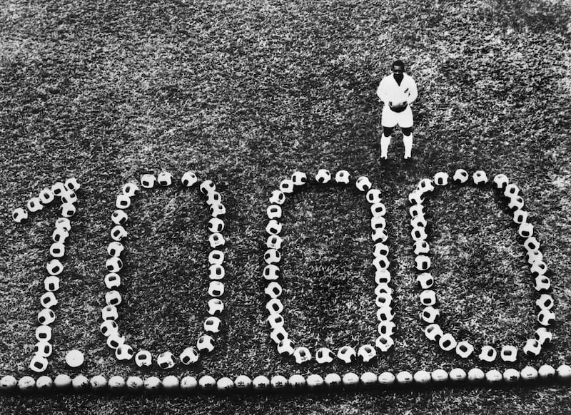 Pele marks the 1,000th goal of his career, on December 12, 1969. Getty Images