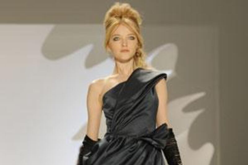 Vera Wang's layered collection included a densely draped grey asymmetrical top.