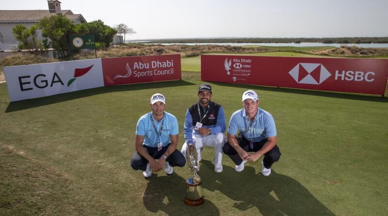 From left to right: Dominic Foos, Saif Thabet, and Callum Shinkwin after the qualifying tournament at Yas Links. Courtesy Abu Dhabi HSBC Championship presented by EGA