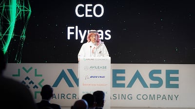 Flynas chief executive Bander Al Mohanna speaks at the Airline Economics conference in Riyadh this week. Photo: Flynas