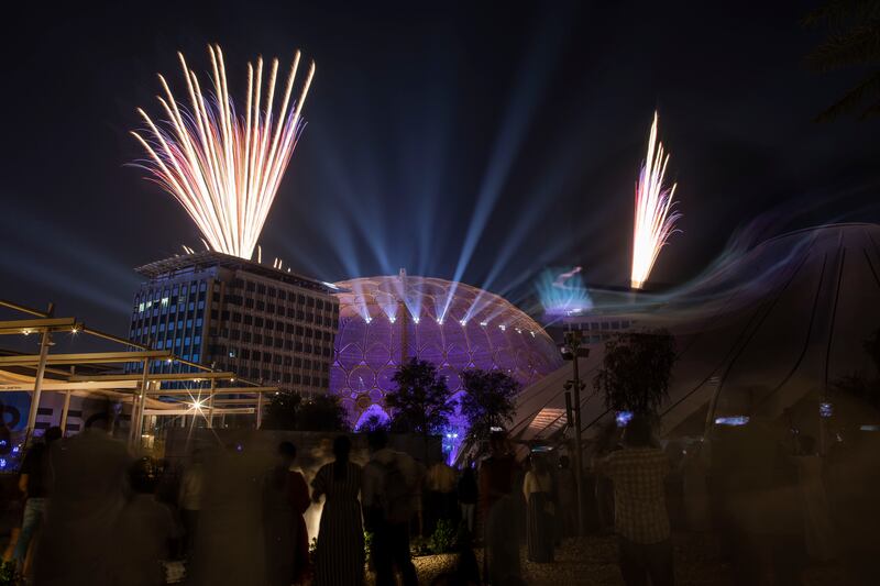 Fireworks and lightshow at the closing of Expo 2020 Dubai. Ruel Pableo for The National