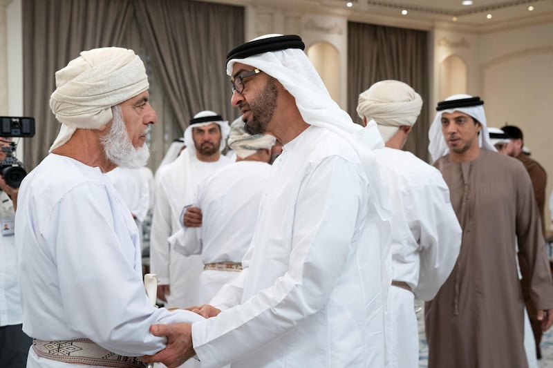ABU DHABI, UNITED ARAB EMIRATES - November 21, 2019: HH Sheikh Mohamed bin Zayed Al Nahyan, Crown Prince of Abu Dhabi and Deputy Supreme Commander of the UAE Armed Forces (R), receives mourners who are offering condolences on the passing of the late HH Sheikh Sultan bin Zayed Al Nahyan, at Al Mushrif Palace.

( Mohamed Al Hammadi / Ministry of Presidential Affairs )
---