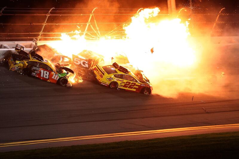 A fire breaks out during the crash at the at Daytona International Speedway. AFP