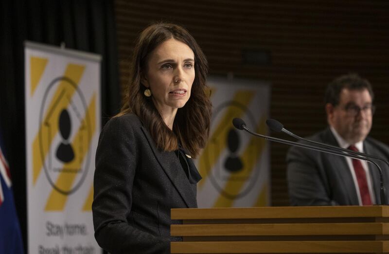 WELLINGTON, NEW ZEALAND - APRIL 01:  Prime Minister Jacinda Ardern speaks during her media update at the Beehive Theatrette, Parliament on April 1, 2020 in Wellington, New Zealand. New Zealand has been in lockdown since Thursday 26 March following tough restrictions imposed by the government to stop the spread of COVID-19 across the country.  A State of National Emergency is in place along with an Epidemic Notice to help ensure the continuity of essential Government business. Under the COVID-19 Alert Level Four measures, all non-essential businesses are closed, including bars, restaurants, cinemas and playgrounds. Schools are closed and all indoor and outdoor events are banned. Essential services will remain open, including supermarkets and pharmacies. Lockdown measures are expected to remain in place for around four weeks, with Prime Minister Jacinda Ardern warning there will be zero tolerance for people ignoring the restrictions, with police able to enforce them if required.  (Photo by Mark Mitchell - Pool/Getty Images)