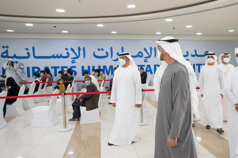 Sheikh Mohamed walks through Emirates Humanitarian City. Photo: Hamad Al Kaabi / Ministry of Presidential Affairs