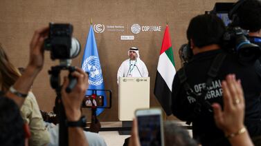 Majid Al Suwaidi, Cop28 director general and chief executive of Alterra, addressing a press conference at Cop28 in Dubai. Reuters