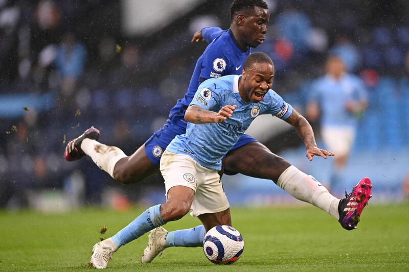 City's Raheem Sterling goes down in the box after a challenge from Kurt Zouma but no penalty was given. AFP
