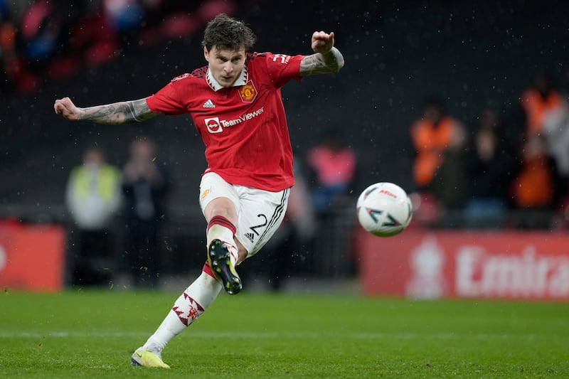 Manchester United's Victor Lindelof scores the winning penalty in the shootout against Brighton & Hove Albion in the FA Cup semi-final at Wembley on Sunday. April 23. AP