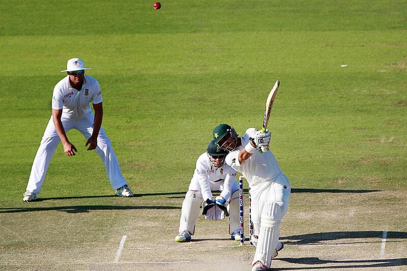 Misbah-ul-Haq plays a shot during the first Test in Abu Dhabi. Satish Kumar / The National
