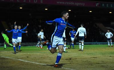 ROCHDALE, ENGLAND - FEBRUARY 06:  Ian Henderson of Rochdale AFC celebrates after scoring his sides first goal during The Emirates FA Cup Fourth Round match between Rochdale AFC and Millwall at Spotland Stadium on February 6, 2018 in Rochdale, England.  (Photo by Nathan Stirk/Getty Images)