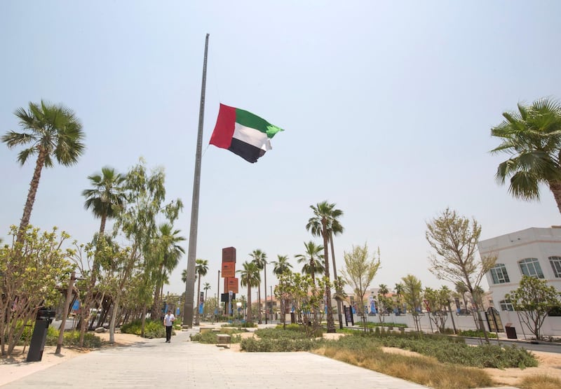 SHARJAH, UNITED ARAB EMIRATES - The flag in La Mer Jumierah Road, Dubai in half-mast to pay respect to the late Sheikh Khalid son of  Sheikh Dr. Sultan bin Mohammad Al Qasimi who died in London.  Ruel Pableo for The National