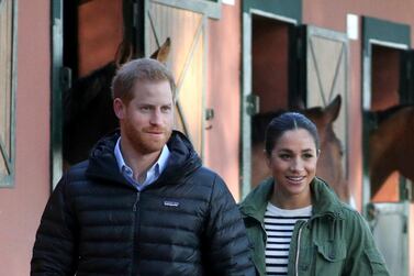 Britain's Prince Harry and Meghan, Duchess of Sussex, visit the Moroccan Royal Federation of Equitation Sports in Rabat. AP