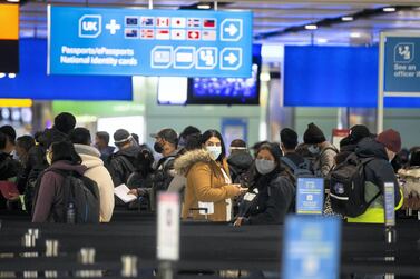 Passengers face lengthy queues at border control at Terminal 2 at Heathrow Airport. Getty.
