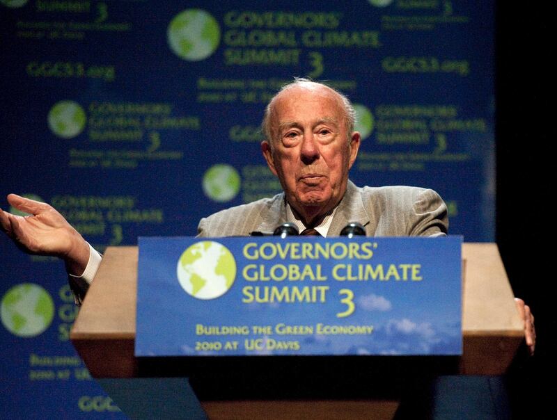 George Shultz speaks at University of California Davis in Sacramento during the Governors' Global Climate Summit 3: Building the Green Economy, on November 15, 2010.  AP