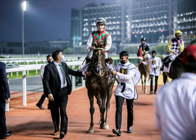 DUBAI, UNITED ARAB EMIRATES. 25 FEBRUARY 2021. 
Jockey Ryan Curatolo on Brraq (FR), wins Al Maktoum Challenge R3 race, at Meydan Racecourse.

BRRAQ (FR)
8 yrs. Ch H (28 days since last race)
Mahabb (AE) - Fattana (FR) by Njewman (FR)
Owner:Yas Racing
Breeder:Sh Mansoor bin Zayed Al Nahyan

Photo: Reem Mohammed / The National
Reporter: Amith Passala
Section: SP