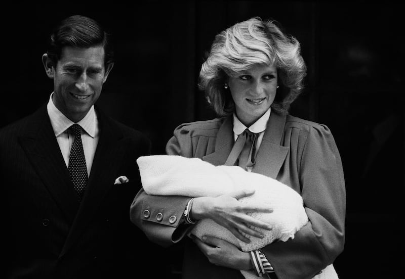 Diana Princess of Wales (1961 - 1997) and Prince Charles with newborn Prince Harry, leave St Mary's Hospital in Paddington, London, UK, 16th September 1984; Diana wore an outfit designed by Jan Van Velden. (Photo by Steve Wood/Daily Express/Hulton Archive/Getty Images)