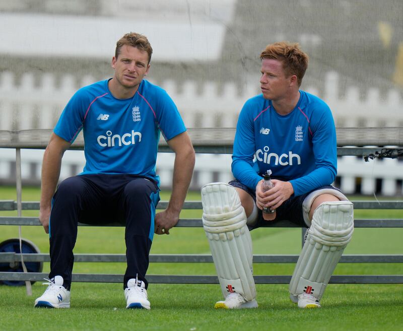 England's Jos Buttler, left and Ollie Pope during training at Lord's.