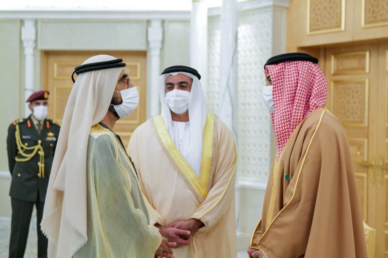 Sheikh Mohammed bin Rashid, Prime Minister and Ruler of Dubai, speaks with Sheikh Saif bin Zayed, Deputy Prime Minister and Minister of Interior, and Sheikh Mansour bin Zayed, Deputy Prime Minister and Minister of Presidential Affairs, after the ceremony. Wam