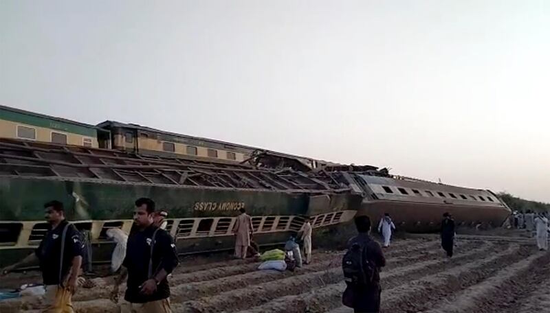 This video grab shows the aftermath of a crash involving two trains in Ghotki, Pakistan. AP Photo