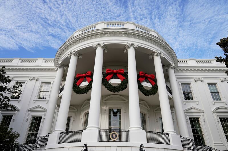 Christmas wreaths hang at the White House in Washington. Reuters