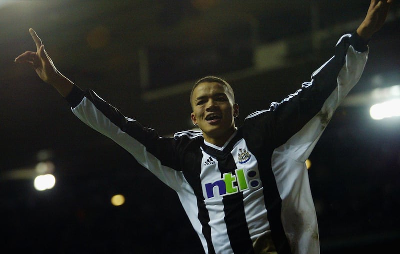 LONDON - JANUARY 29:  Jermaine Jenas of Newcastle United celebrates his late winning goal during the FA Barclaycard Premiership match between Tottenham Hotspur and Newcastle United held on January 29, 2003 at White Hart Lane in London, England.  Newcastle United won the match 1-0.  (Photo By Mike Hewitt/Getty Images)