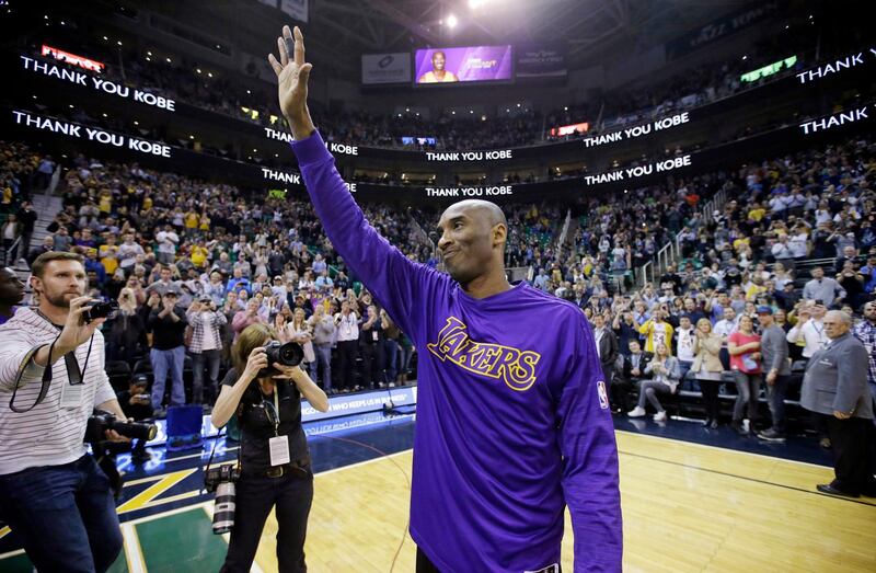Kobe Bryant waves to the fans after his introduction before the start of the first quarter of an NBA game against the Utah Jazz, in Salt Lake City in 2016. AP Photo