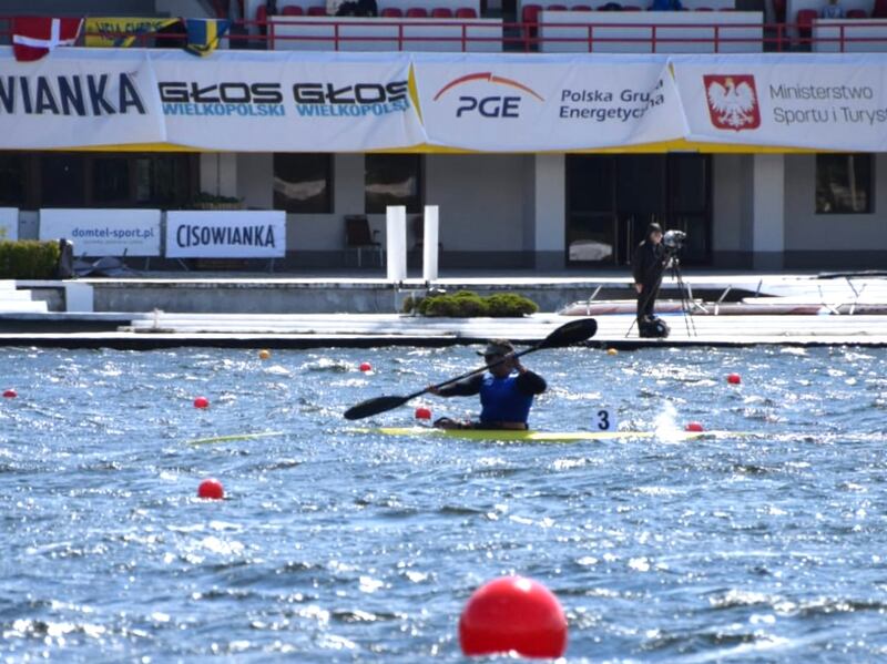 The choppy water at the KL2 Men's 200m heat at the ICF Paracanoe World Cup in Poznan meant the front third of Mike Ballard's kayak was submerged for the majority of the race. Photo: Courtesy Dr Adam Coughlin