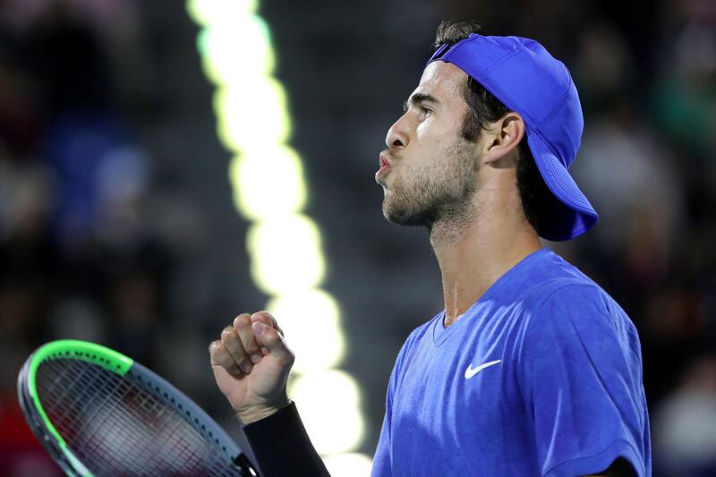 Abu Dhabi, United Arab Emirates - Reporter: Jon Turner: Karen Khachanov celebrates winning a point during the semi final between Rafael Nadal v Karen Khachanov at the Mubadala World Tennis Championship. Friday, December 20th, 2019. Zayed Sports City, Abu Dhabi. Chris Whiteoak / The National