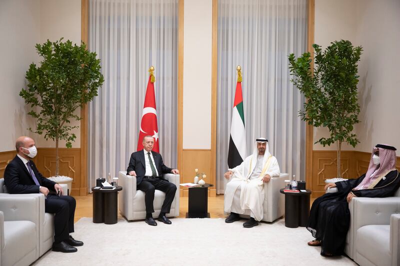Sheikh Mohamed meets Mr Erdogan at Qasr Al Watan. With them is Sheikh Tahnoon bin Zayed, UAE National Security Adviser, right