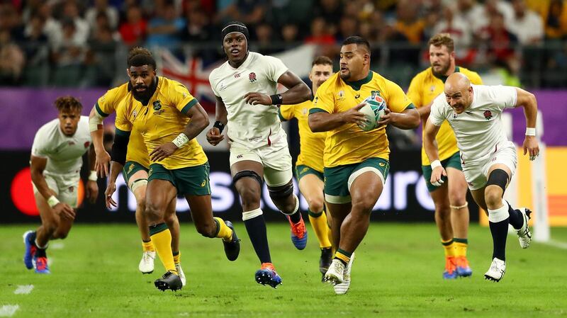 Taniela Tupou of Australia makes a break during the Rugby World Cup 2019 Quarter Final match between England and Australia at Oita Stadium in Oita, Japan. Getty Images