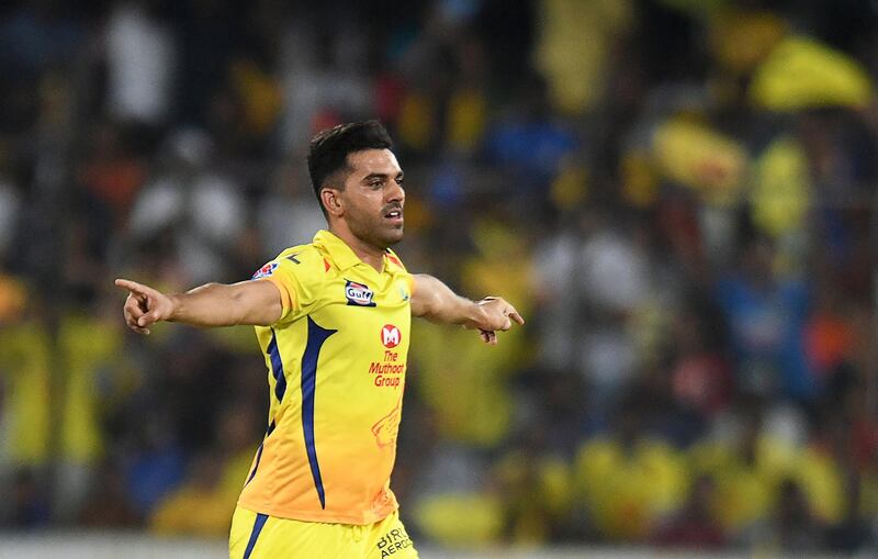 Chennai Super Kings cricketer Deepak Chahar celebrates after taking the wicket of Mumbai Indians captain Rohit Sharma during the 2019 Indian Premier League (IPL) Twenty20 final cricket match between Mumbai Indians and Chennai Super Kings at the Rajiv Gandhi International Cricket Stadium in Hyderabad on May 12, 2019. (Photo by NOAH SEELAM / AFP) / ----IMAGE RESTRICTED TO EDITORIAL USE - STRICTLY NO COMMERCIAL USE----- / GETTYOUT