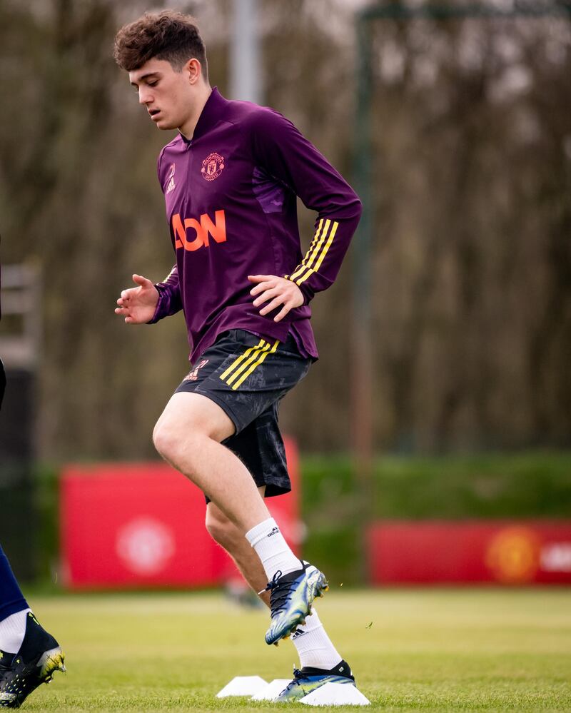 MANCHESTER, ENGLAND - APRIL 14: Daniel James of Manchester United in action during a first team training session at Aon Training Complex on April 14, 2021 in Manchester, England. (Photo by Ash Donelon/Manchester United via Getty Images)