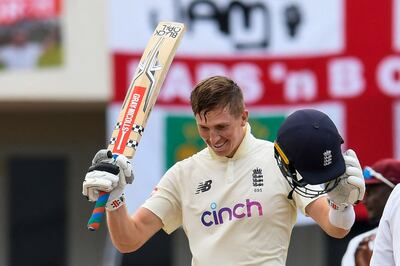 Zak Crawley celebrates his century for England during the second innings against West Indies. AFP