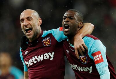 Soccer Football - Premier League - Tottenham Hotspur vs West Ham United - Wembley Stadium, London, Britain - January 4, 2018   West Ham United's Pedro Obiang celebrates scoring their first goal with Pablo Zabaleta   REUTERS/Eddie Keogh    EDITORIAL USE ONLY. No use with unauthorized audio, video, data, fixture lists, club/league logos or "live" services. Online in-match use limited to 75 images, no video emulation. No use in betting, games or single club/league/player publications.  Please contact your account representative for further details.