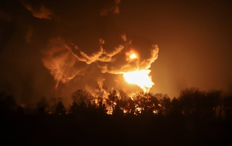 Flames rise from a fuel depot after a Russian missile attack, in the city of Vasylkiv, Ukraine. EPA