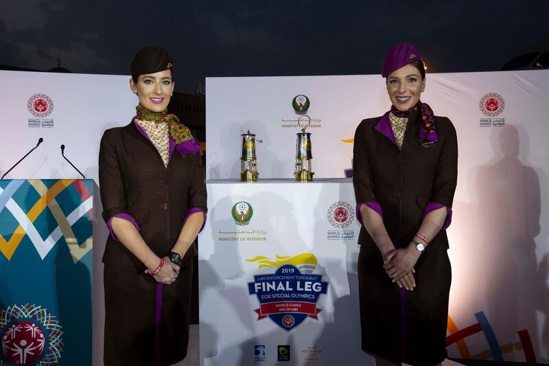The World Games Flame of Hope arrives in Abu Dhabi from Athens, carried by the national airline of the UAE, Etihad Airways. Courtesy Etihad