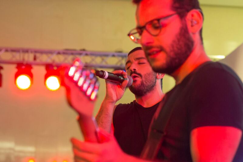 Abu Dhabi, United Arab Emirates- Mashrou Leila performing at Hay Festival at Atrium, Manaarat Saadiyat.  Leslie Pableo for The National