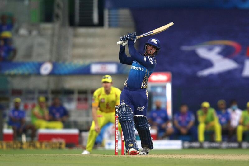 Quinton de Kock of Mumbai Indians plays a shot during match 1 of season 13 of the Dream 11 Indian Premier League (IPL) between the Mumbai Indians and the Chennai Superkings held at the Sheikh Zayed Stadium, Abu Dhabi  in the United Arab Emirates on the 19th September 2020.  Photo by: Pankaj Nangia /  Sportzpics for BCCI