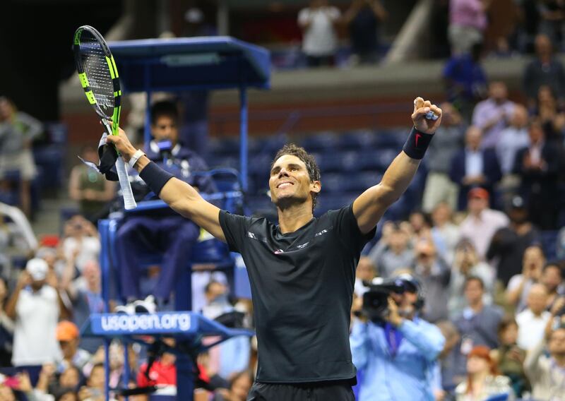 Aug 31, 2017; New York, NY, USA; Rafael Nadal of Spain celebrates after match point against Taro Daniel of Japan on day four of the U.S. Open tennis tournament at USTA Billie Jean King National Tennis Center. Mandatory Credit: Jerry Lai-USA TODAY Sports