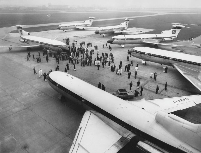 Hawker Siddeley HS 121 Trident 1C medium-range commercial  jet airliners for British European Airways (BEA) lined up at de Havillands Hatfield Aerodrome following a Far East sales drive on 29 October 1963 in London, United Kingdom.  (Photo by Ted West/Central Press/Hulton Archive/Getty Images).