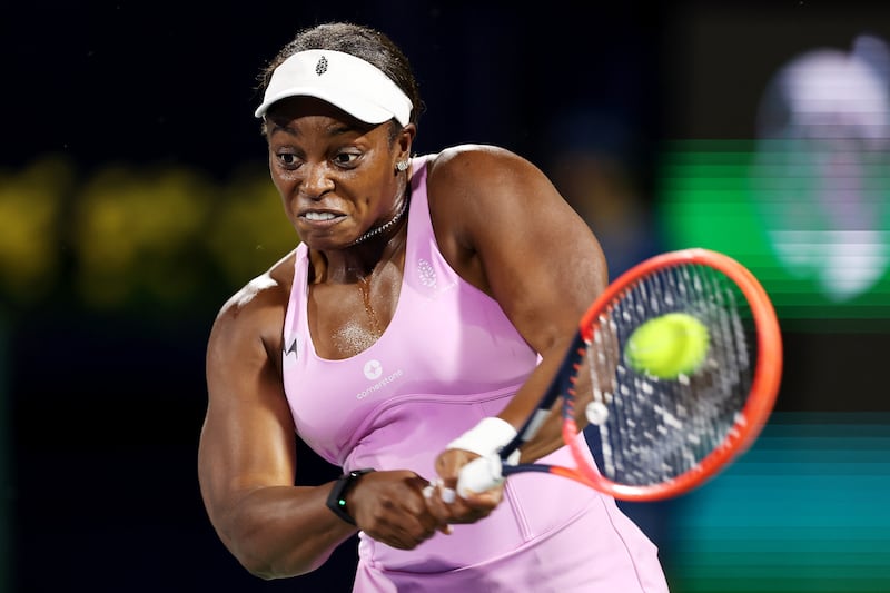 Sloane Stephens of the US plays a backhand against Iga Swiatek of Poland in their second-round singles match. Getty Images
