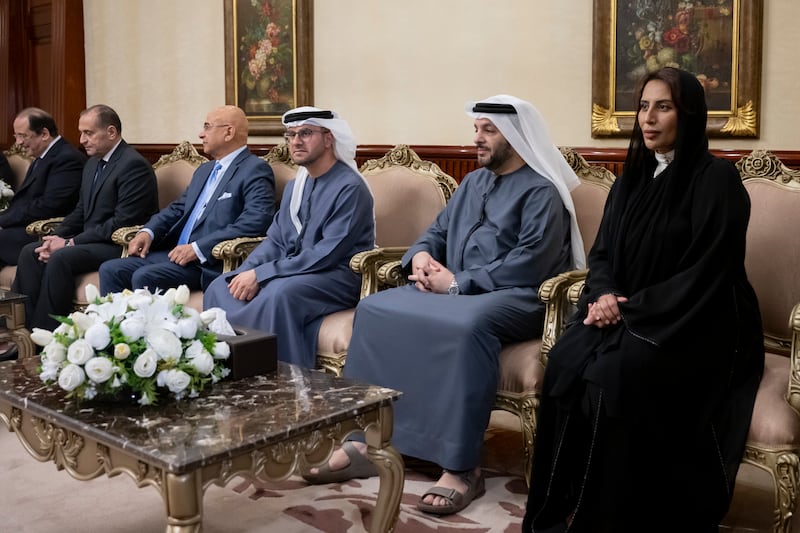 Mariam Khalifa Al Kaabi, UAE Ambassador to Egypt, Dr Ahmed Mubarak Al Mazrouei, Abu Dhabi Executive Council member and Chairman of the Abu Dhabi Executive Office, and other Egyptian dignitaries attend a meeting with Mr El Sisi, in Cairo. Photo: Hamad Al Kaabi / UAE Presidential Court
