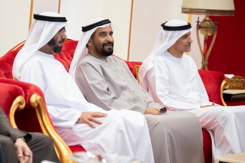 Abdullah Al Ketbi, Minister of Federal Supreme Council Affairs, Mohamed bin Kardous Al Ameri and Ali Mohamed Hammad Al Shamsi, secretary general of the UAE Supreme Council for National Security, at a meeting with King Hamad at Sakhir Airbase. Hamad Al Kaabi / UAE Presidential Court 
