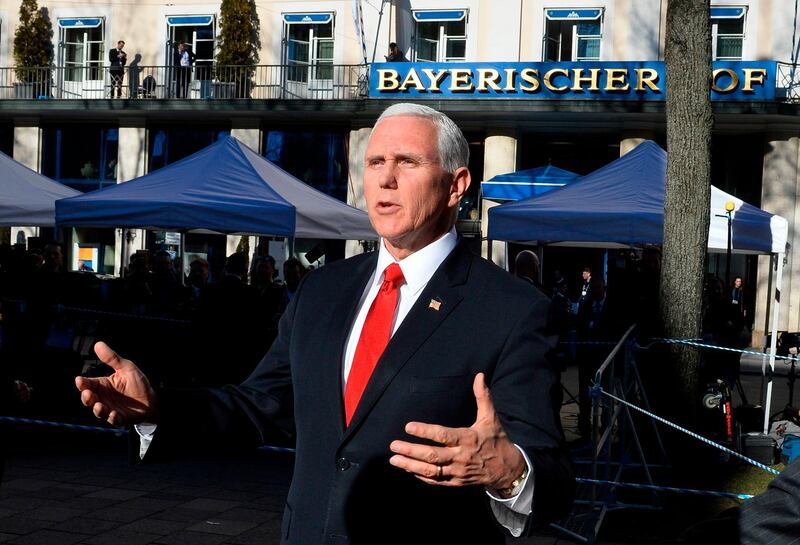 Mike Pence gives a statement in front of the Bayerischer Hof hotel. AFP