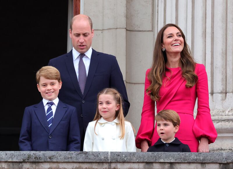Britain's Prince William, his wife Kate, and their children Prince George, Princess Charlotte and Prince Louis, on the balcony of Buckingham Palace on June 5, 2022. PA
