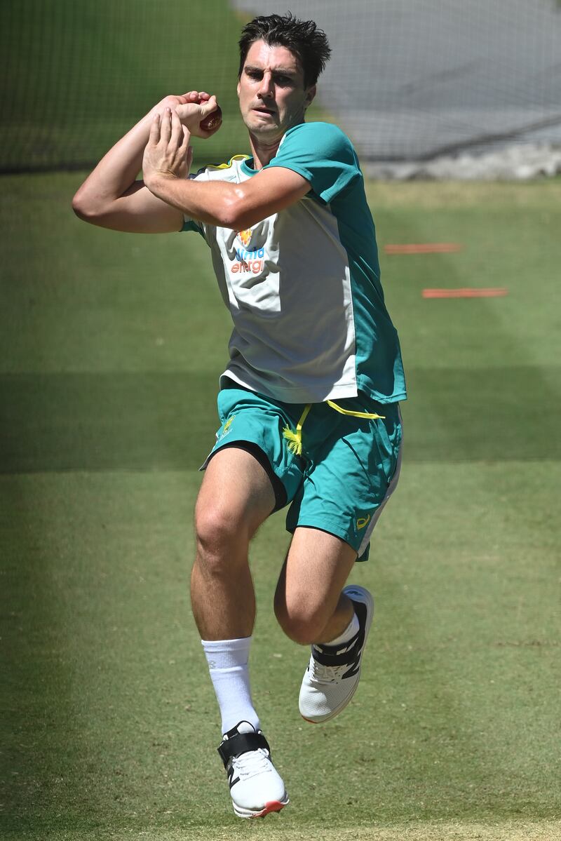 Captain Pat Cummins bowls during Australia's training session at the MCG. EPA