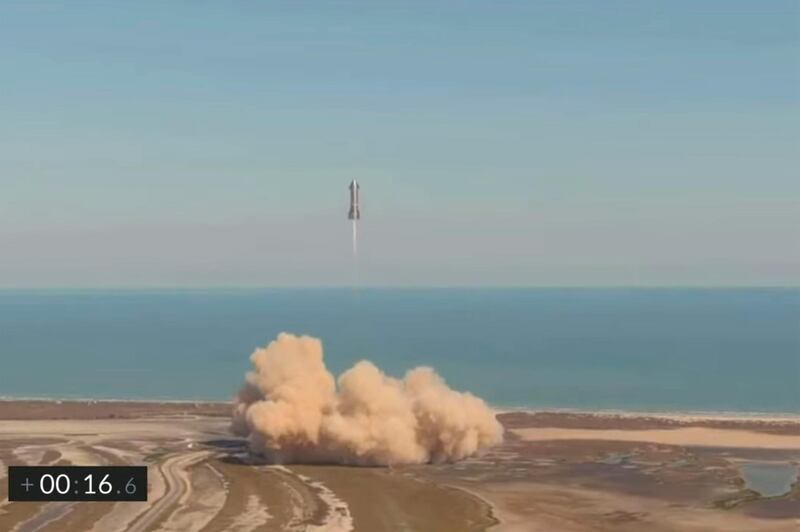 The SpaceX Starship SN9 prototype rocket lifts off for a test flight from its launch pad in a still image from video in Boca Chica, Texas. Reuters