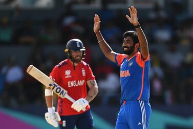 GEORGETOWN, GUYANA - JUNE 27: Jasprit Bumrah of India celebrates the wicket of Phil Salt of England with teammates during the ICC Men's T20 Cricket World Cup West Indies & USA 2024 Semi-Final match between India and England at Providence Stadium on June 27, 2024 in Georgetown, Guyana. (Photo by Gareth Copley / Getty Images)