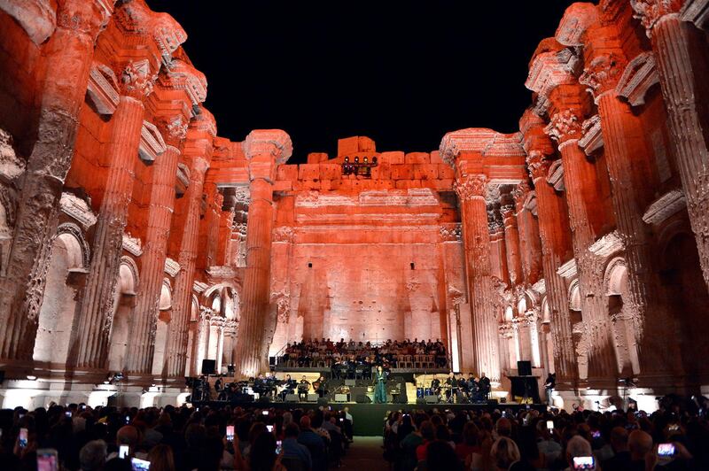 Jahida Wehbe (C) performs on stage during the annual Baalbeck International Festival in Baalbeck, Beqaa Valley, Lebanon.
